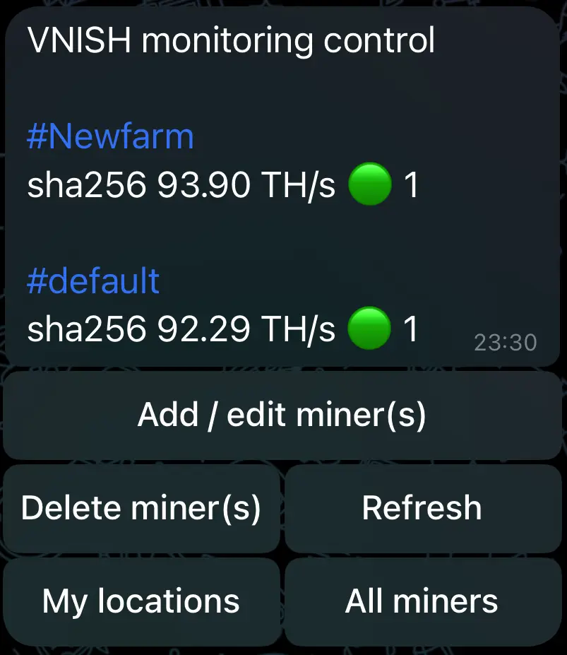 All miners menu in Vnish monitoring bot 1
