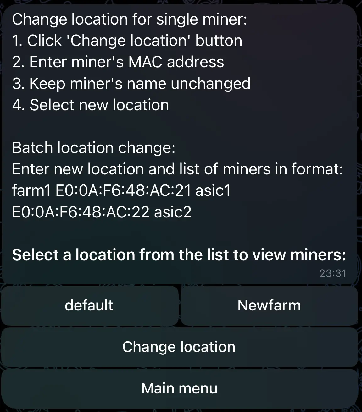All miners menu in Vnish monitoring bot 2